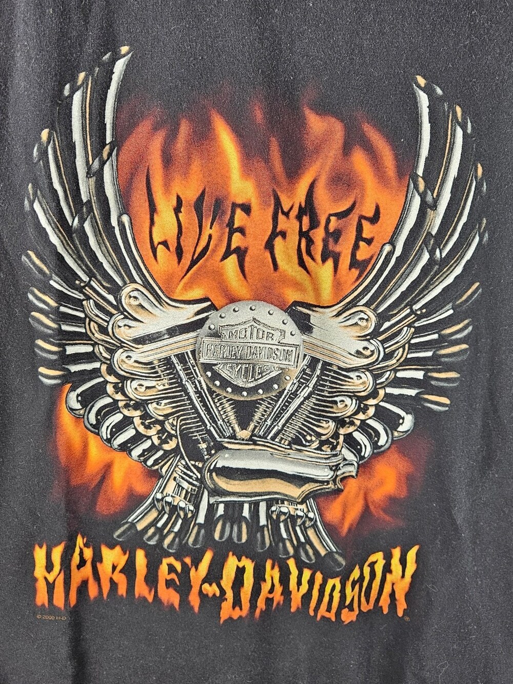 Harley-Davidson T-Shirt Live Free Flames Engine Wings Black Size Large Y2K 2000